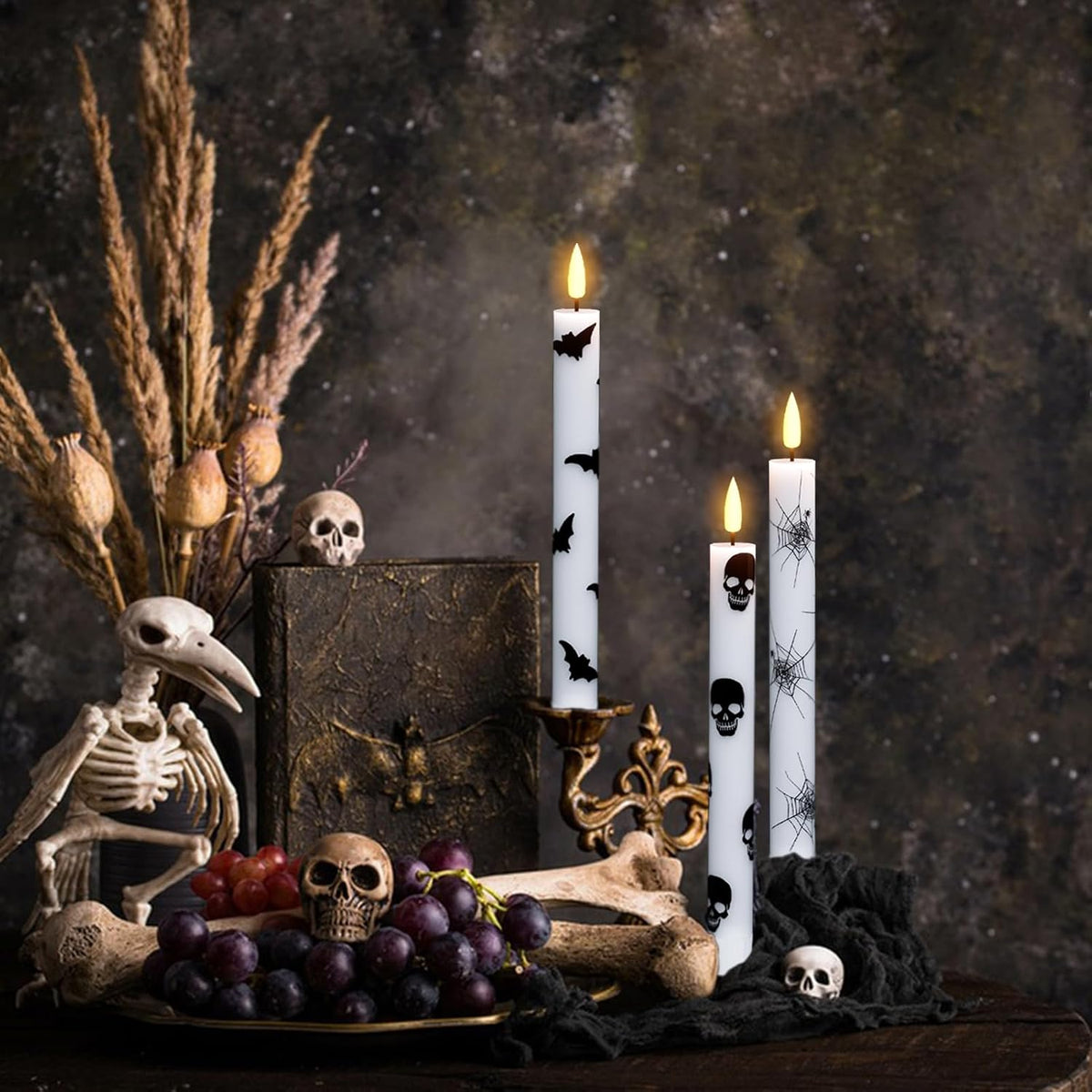 Flameless Taper Candles with Remote & Timer, Battery Operated with Spider Web, Bats, Skull, Real Wax