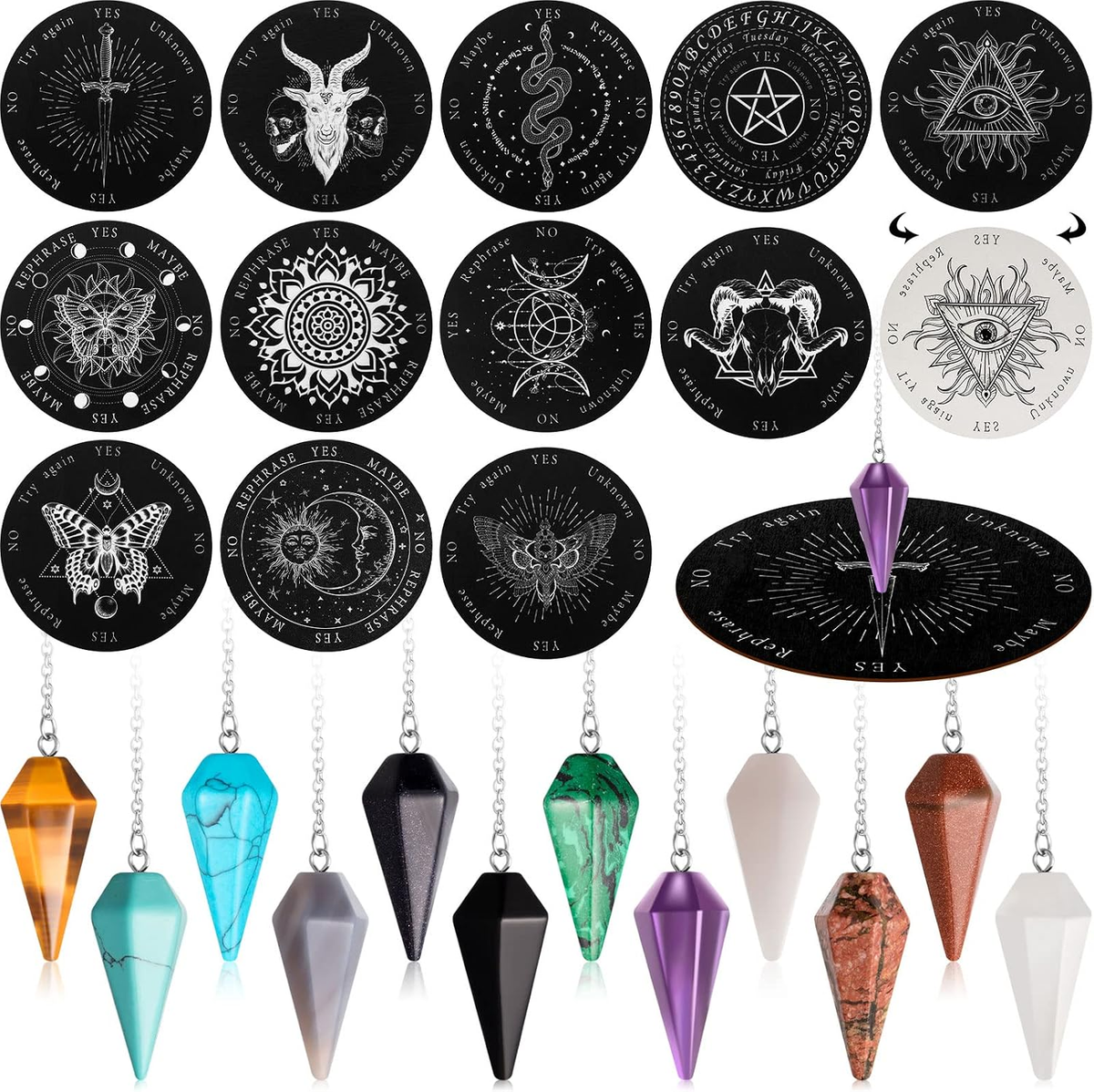 24 Pcs Crystal Pendulum Set with Dowsing Boards & Gemstone Pendants
