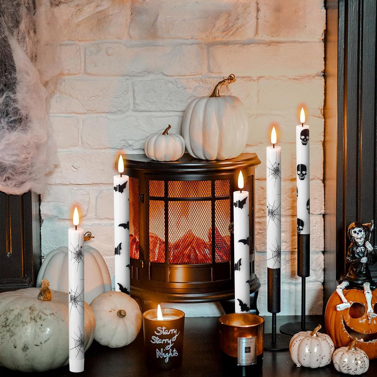 Flameless Taper Candles with Remote & Timer, Battery Operated with Spider Web, Bats, Skull, Real Wax