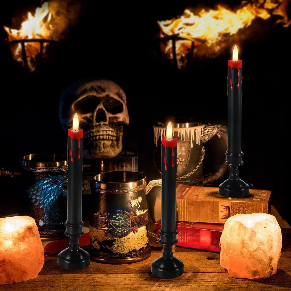 Blood Drip LED Candle with Remote, Black Holder (set of 6)