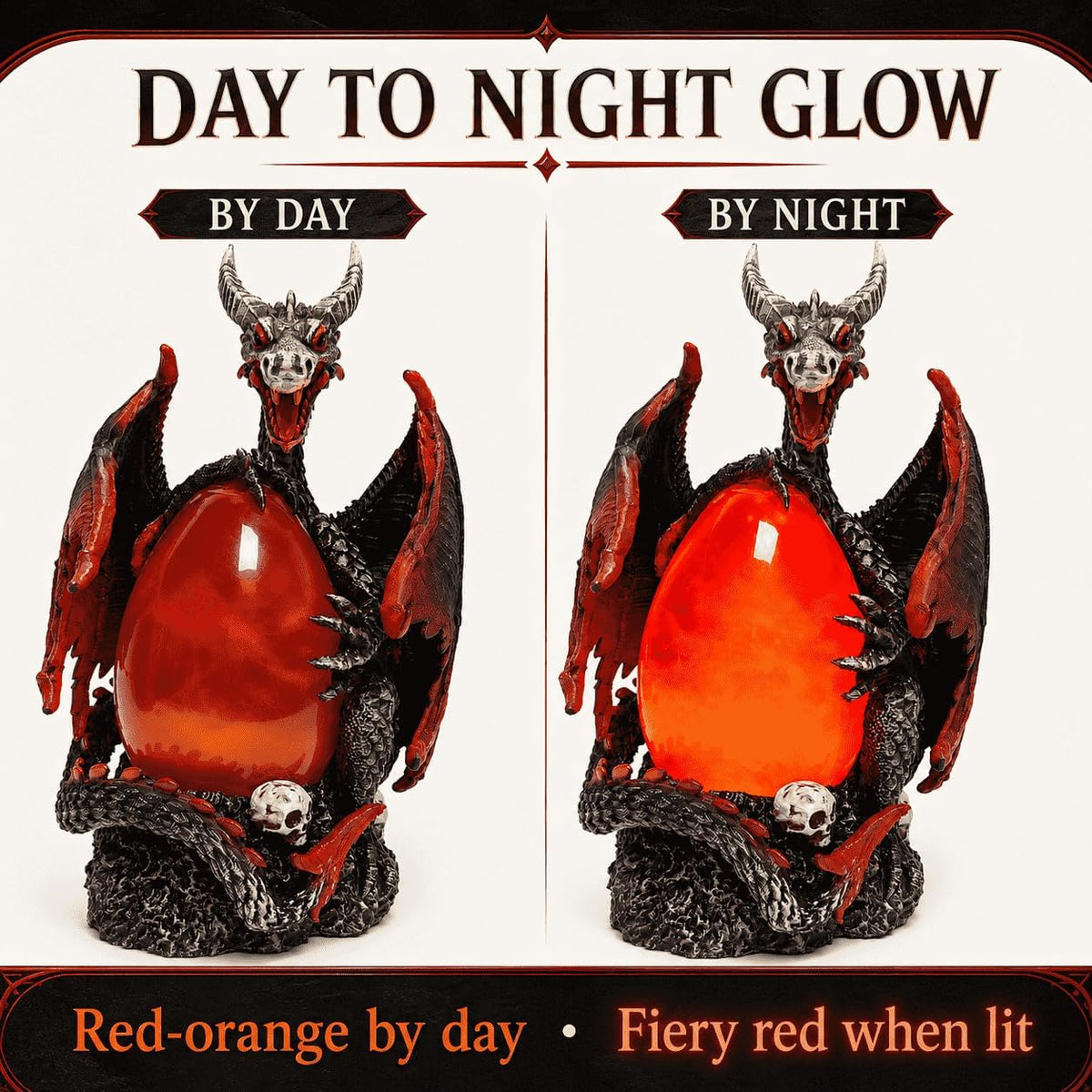 Evil Dragon Snow Globe Statue, Illuminated Water Filled Egg, Rotating Mist Effect, Skull-Embedded Base, Fire Dragon Egg Glow with 6H Timer, Battery Operated, Unique Halloween Snow Globe Holiday Decor