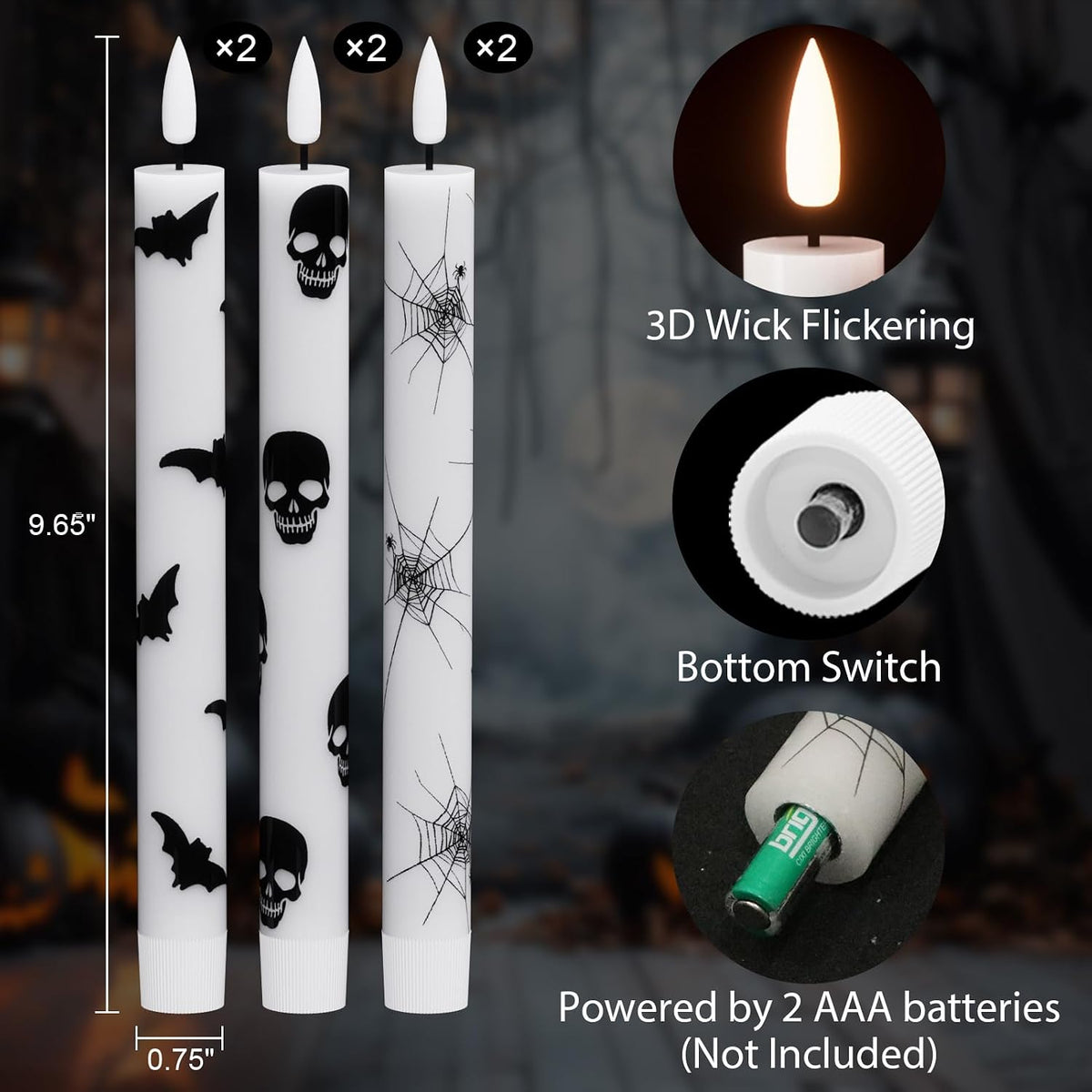 Flameless Taper Candles with Remote & Timer, Battery Operated with Spider Web, Bats, Skull, Real Wax