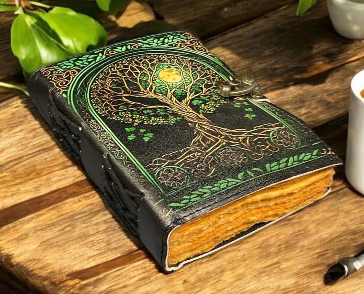 Large Grimoire Leather Journal, Print Tree of Life Journal, Blank Spell Book Book of Shadows Leather Celestial Gifts for Him Her.