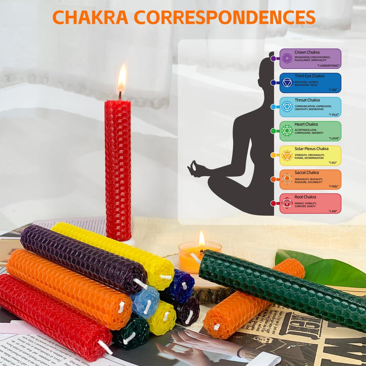 Small Beeswax Taper Candles 14 Pack Chakra Candles in 7 Assorted Colors