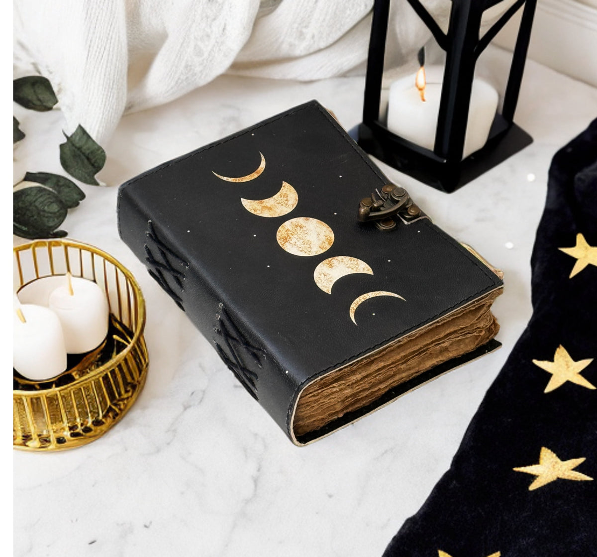 Spell Book of Shadows Moon Phases Leather Journal Grimoire with Vintage Deckled Edge Paper 7X5 Inch 200 Pages