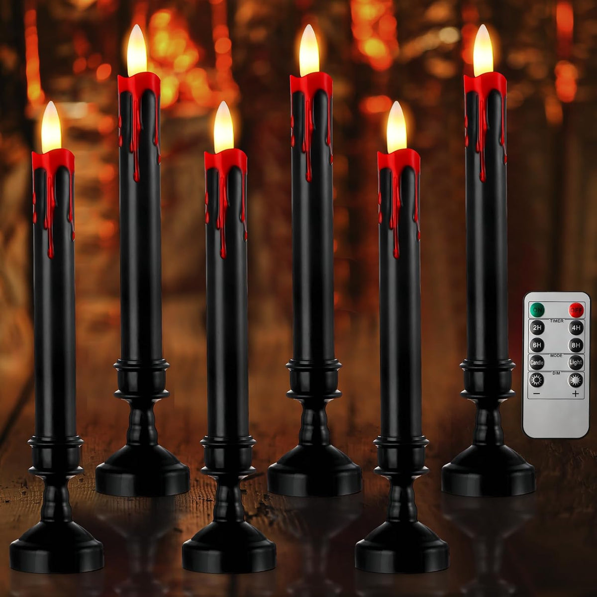 Blood Drip LED Candle with Remote, Black Holder (set of 6)