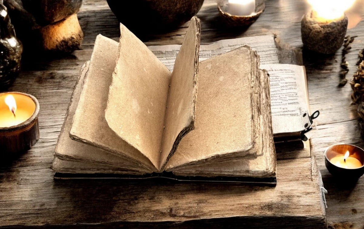 Spell Book of Shadows Moon Phases Leather Journal Grimoire with Vintage Deckled Edge Paper 7X5 Inch 200 Pages