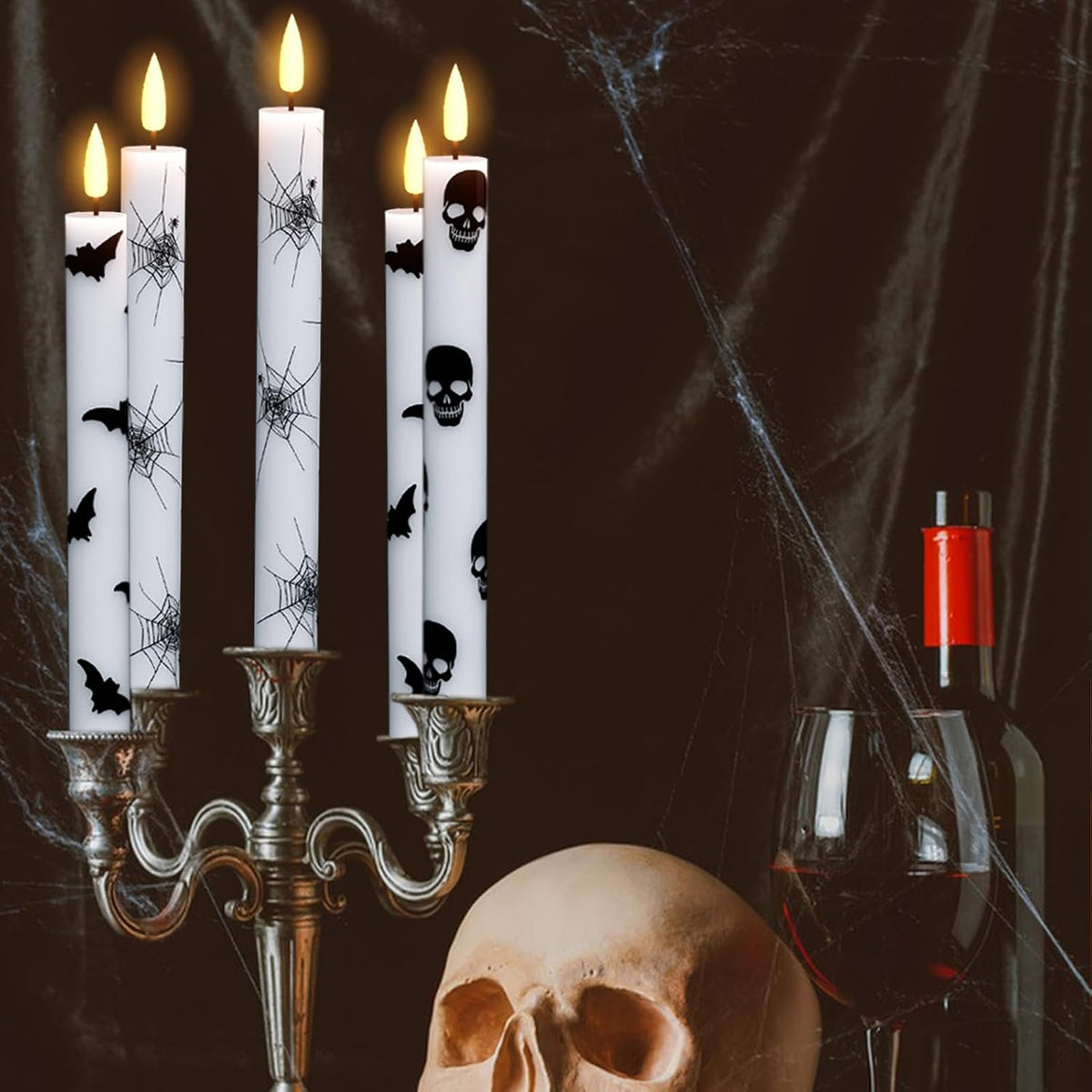 Flameless Taper Candles with Remote & Timer, Battery Operated with Spider Web, Bats, Skull, Real Wax