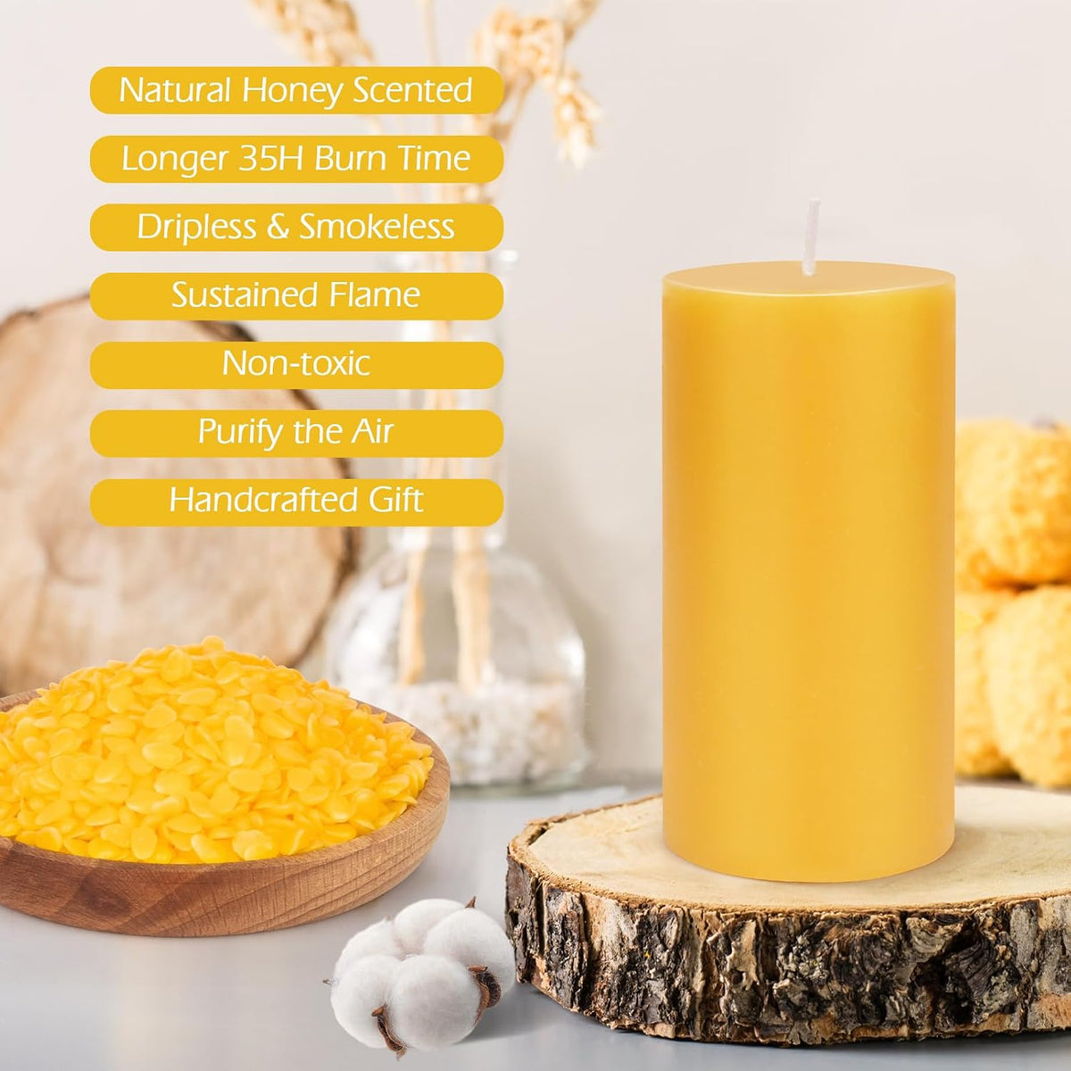 Pure Beeswax Pillar Candles-140 Hour Burn Time(4 Pack)