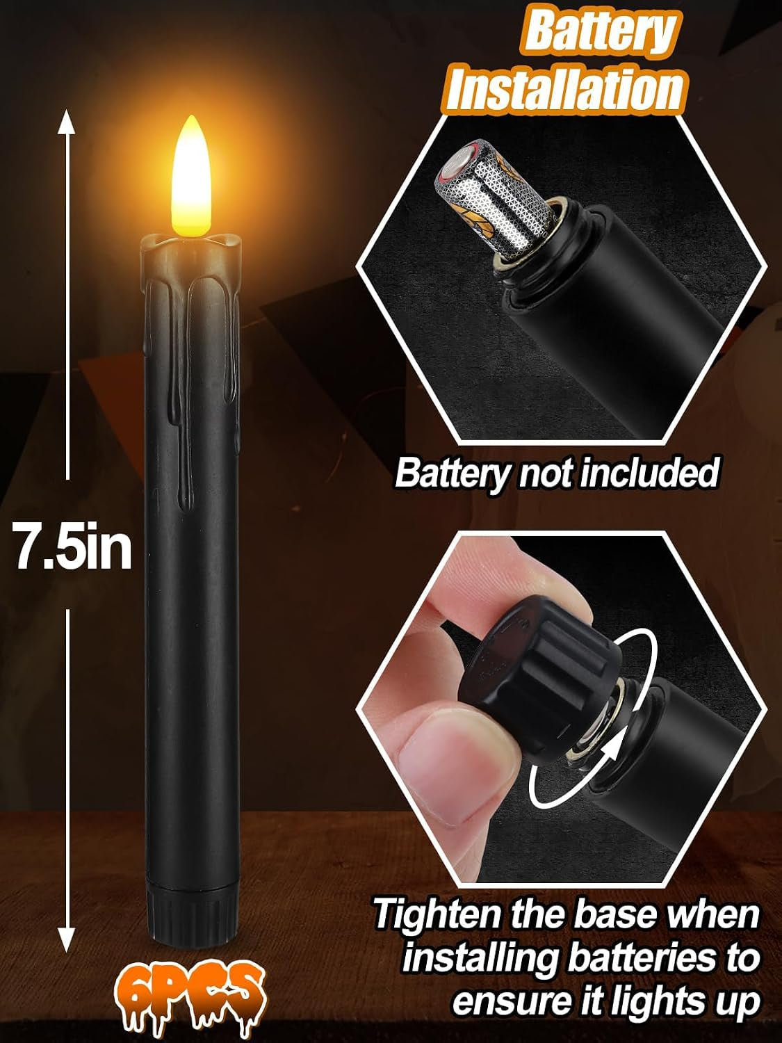 6 Pcs Black Halloween Flameless Candles with Timer