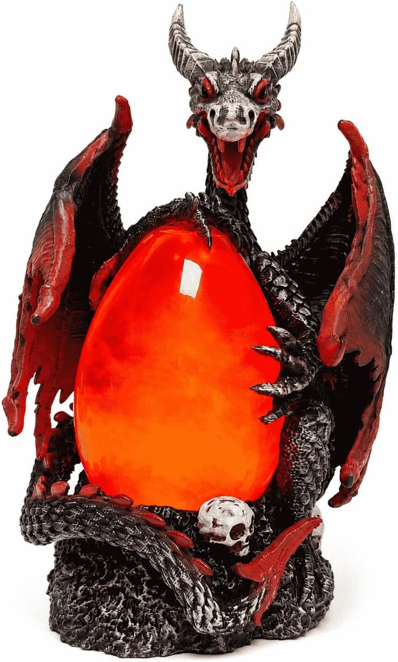 Evil Dragon Snow Globe Statue, Illuminated Water Filled Egg, Rotating Mist Effect, Skull-Embedded Base, Fire Dragon Egg Glow with 6H Timer, Battery Operated, Unique Halloween Snow Globe Holiday Decor