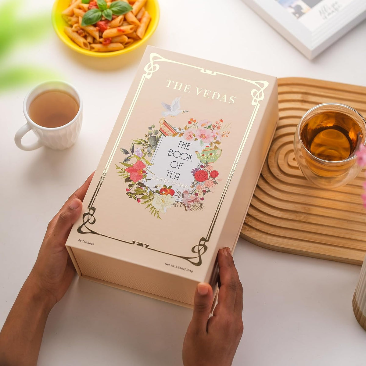 Book of Tea | Assorted Tea Bags Gift Box | 12 Exotic Herbal Tea Blends in Handcrafted Cotton Tea Bags & Pyramid Teabags | 4 Units of Each Variety, Net 48 | Tea Gift Hamper | Tea Sampler Gift Set Box | Tea Collection | Tea Sets for Women Gift | Tea Gift Sets