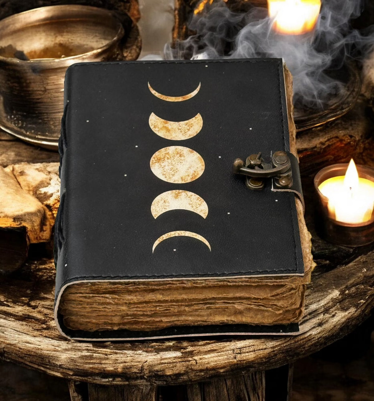 Spell Book of Shadows Moon Phases Leather Journal Grimoire with Vintage Deckled Edge Paper 7X5 Inch 200 Pages