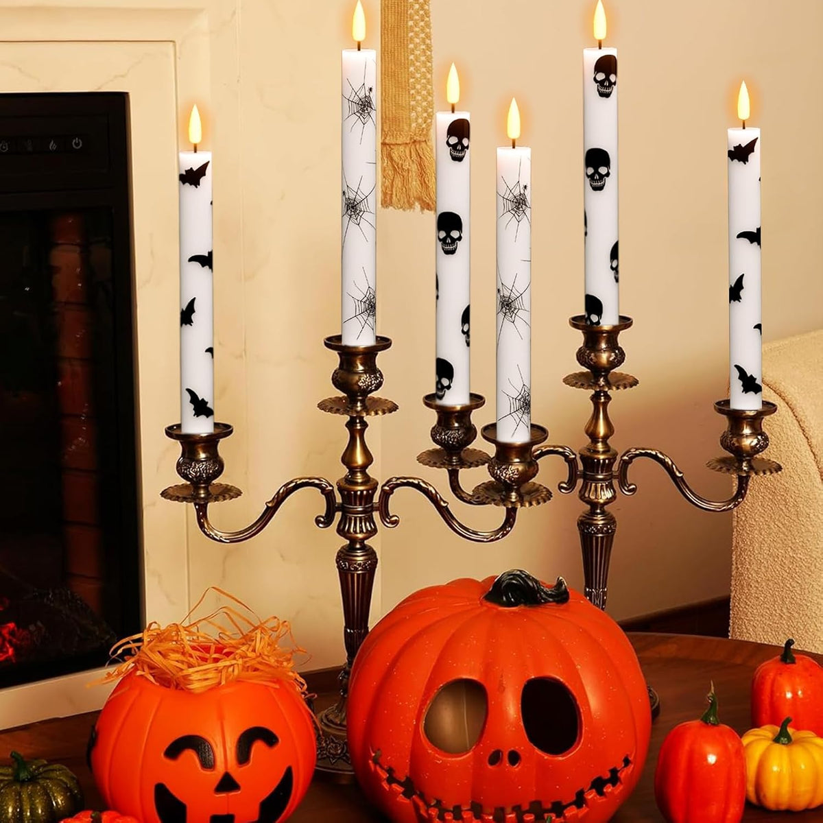 Flameless Taper Candles with Remote & Timer, Battery Operated with Spider Web, Bats, Skull, Real Wax