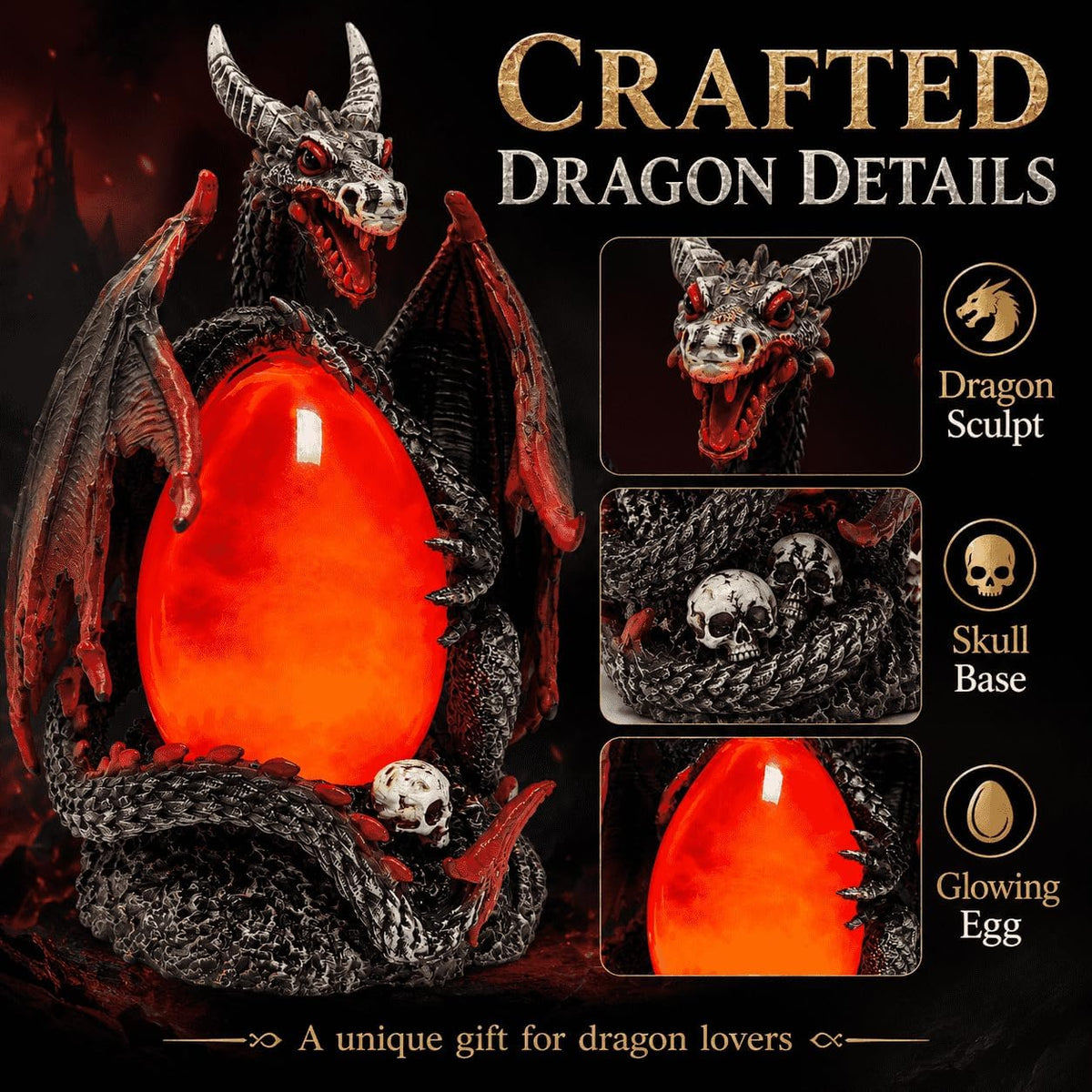 Evil Dragon Snow Globe Statue, Illuminated Water Filled Egg, Rotating Mist Effect, Skull-Embedded Base, Fire Dragon Egg Glow with 6H Timer, Battery Operated, Unique Halloween Snow Globe Holiday Decor
