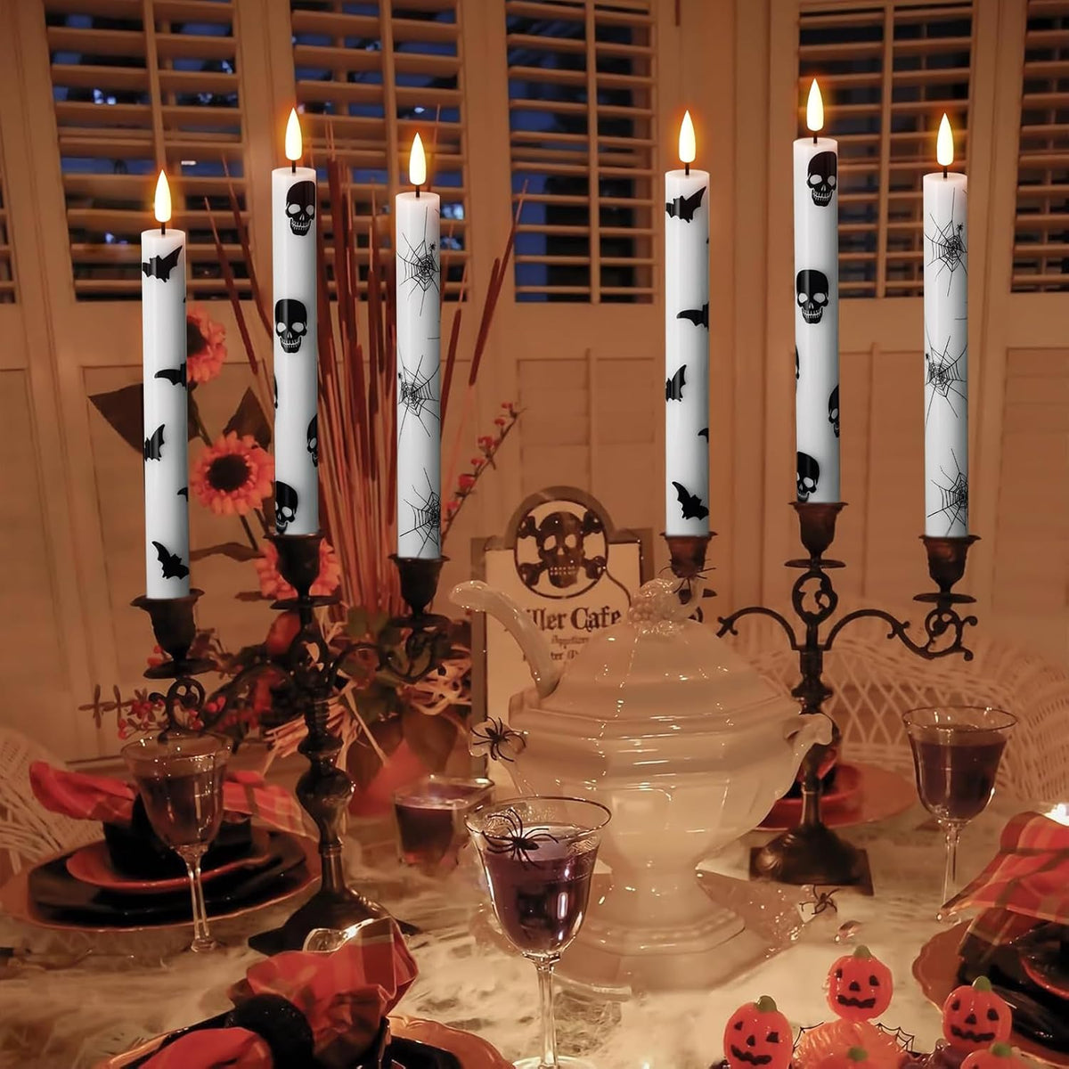 Flameless Taper Candles with Remote & Timer, Battery Operated with Spider Web, Bats, Skull, Real Wax