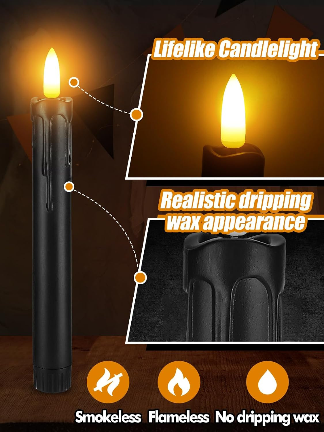 6 Pcs Black Halloween Flameless Candles with Timer