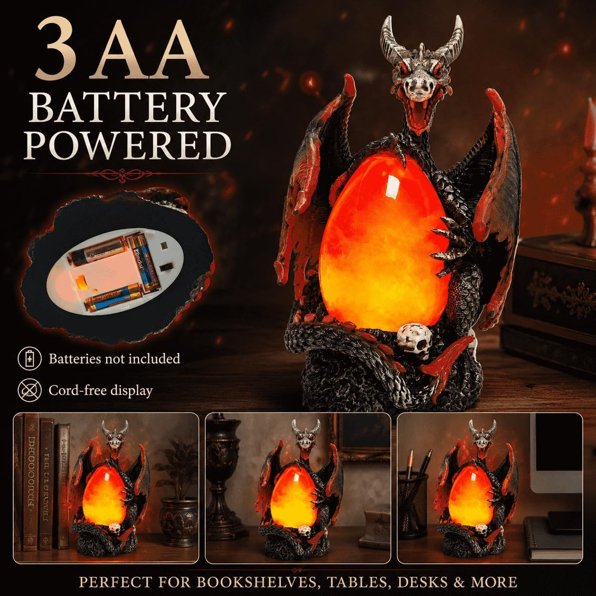 Evil Dragon Snow Globe Statue, Illuminated Water Filled Egg, Rotating Mist Effect, Skull-Embedded Base, Fire Dragon Egg Glow with 6H Timer, Battery Operated, Unique Halloween Snow Globe Holiday Decor