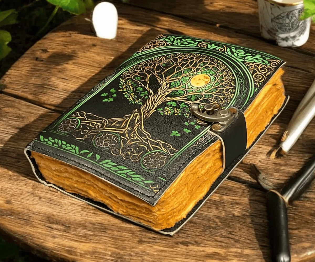 Large Grimoire Leather Journal, Print Tree of Life Journal, Blank Spell Book Book of Shadows Leather Celestial Gifts for Him Her.