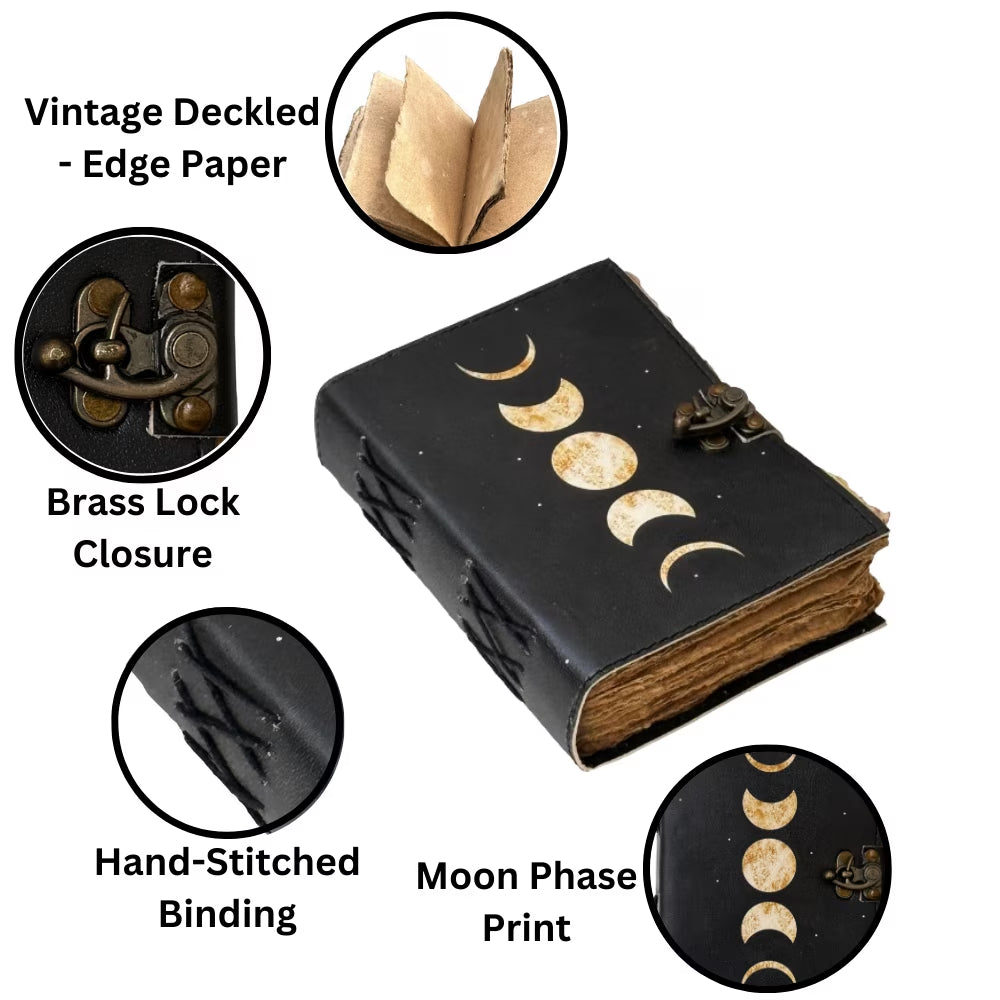Spell Book of Shadows Moon Phases Leather Journal Grimoire with Vintage Deckled Edge Paper 7X5 Inch 200 Pages