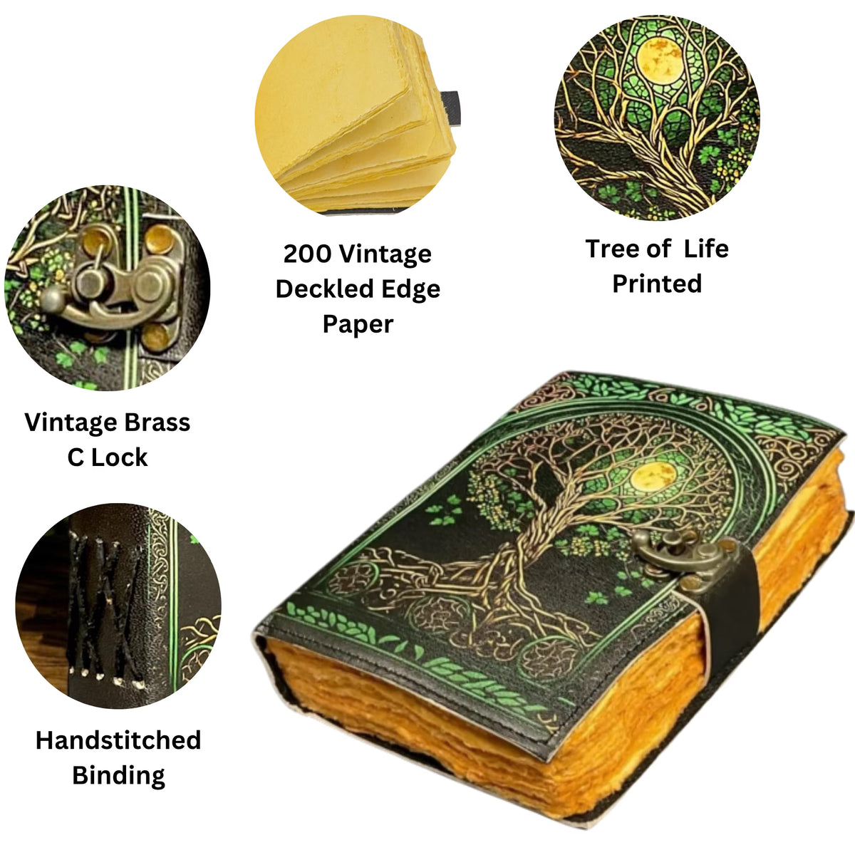 Large Grimoire Leather Journal, Print Tree of Life Journal, Blank Spell Book Book of Shadows Leather Celestial Gifts for Him Her.