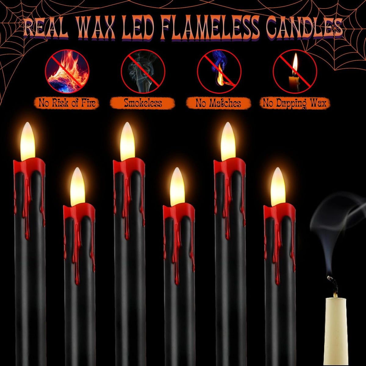 Blood Drip LED Candle with Remote, Black Holder (set of 6)