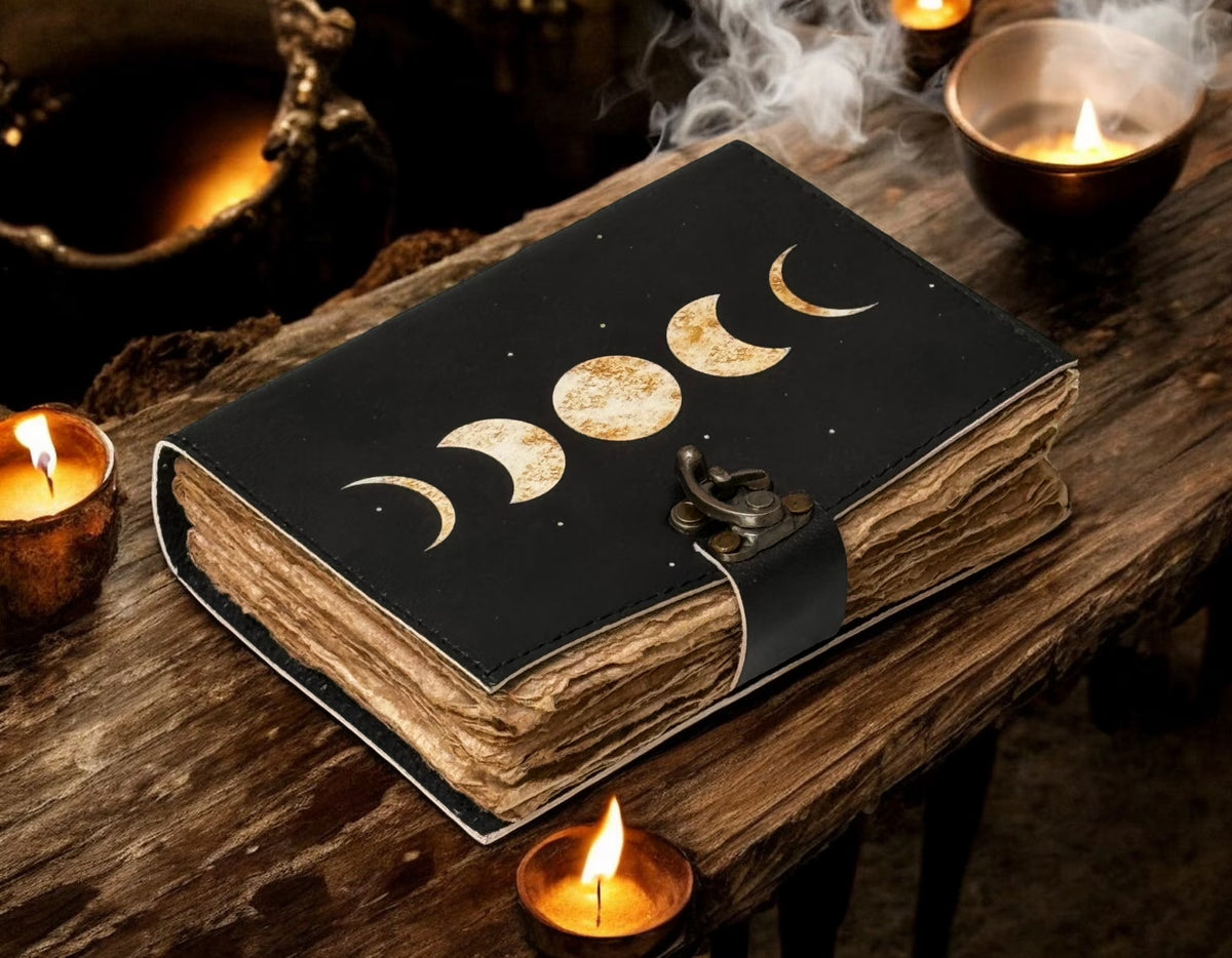 Spell Book of Shadows Moon Phases Leather Journal Grimoire with Vintage Deckled Edge Paper 7X5 Inch 200 Pages