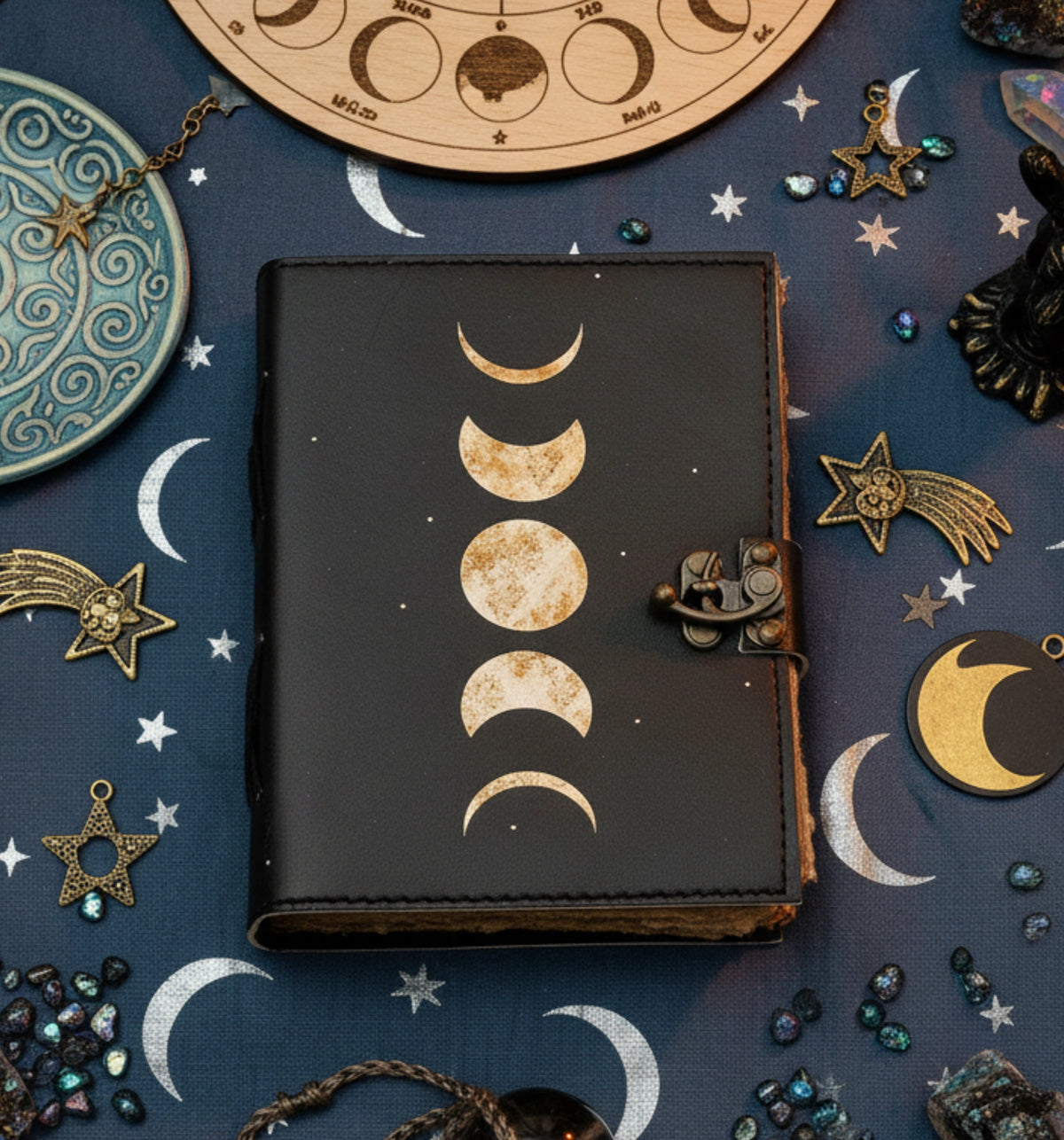 Spell Book of Shadows Moon Phases Leather Journal Grimoire with Vintage Deckled Edge Paper 7X5 Inch 200 Pages