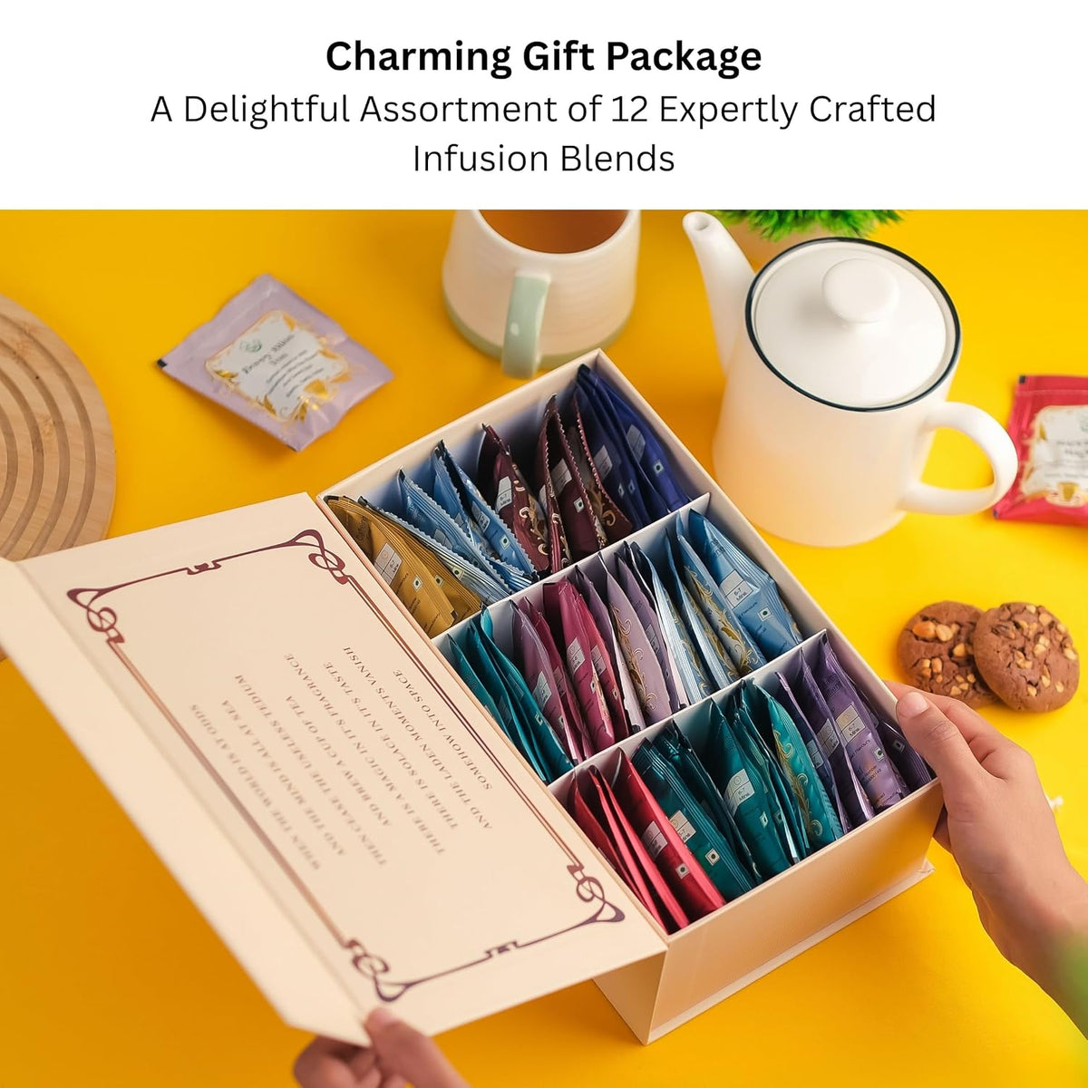 Book of Tea | Assorted Tea Bags Gift Box | 12 Exotic Herbal Tea Blends in Handcrafted Cotton Tea Bags & Pyramid Teabags | 4 Units of Each Variety, Net 48 | Tea Gift Hamper | Tea Sampler Gift Set Box | Tea Collection | Tea Sets for Women Gift | Tea Gift Sets