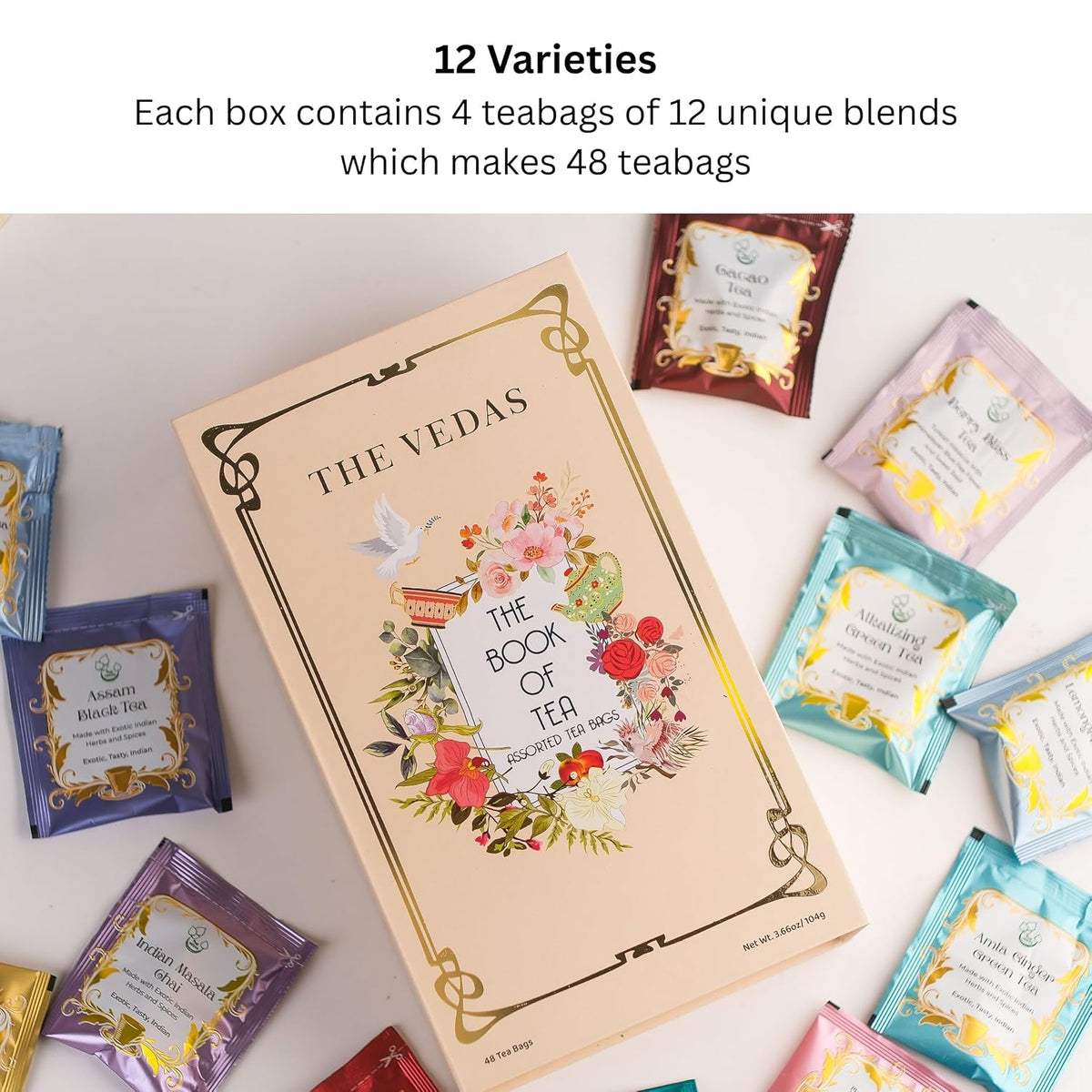 Book of Tea | Assorted Tea Bags Gift Box | 12 Exotic Herbal Tea Blends in Handcrafted Cotton Tea Bags & Pyramid Teabags | 4 Units of Each Variety, Net 48 | Tea Gift Hamper | Tea Sampler Gift Set Box | Tea Collection | Tea Sets for Women Gift | Tea Gift Sets
