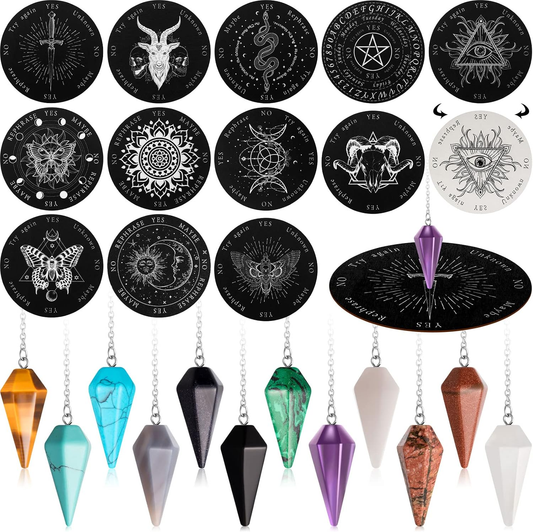 24 Pcs Crystal Pendulum Set with Dowsing Boards & Gemstone Pendants