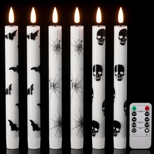 Flameless Taper Candles with Remote & Timer, Battery Operated with Spider Web, Bats, Skull, Real Wax
