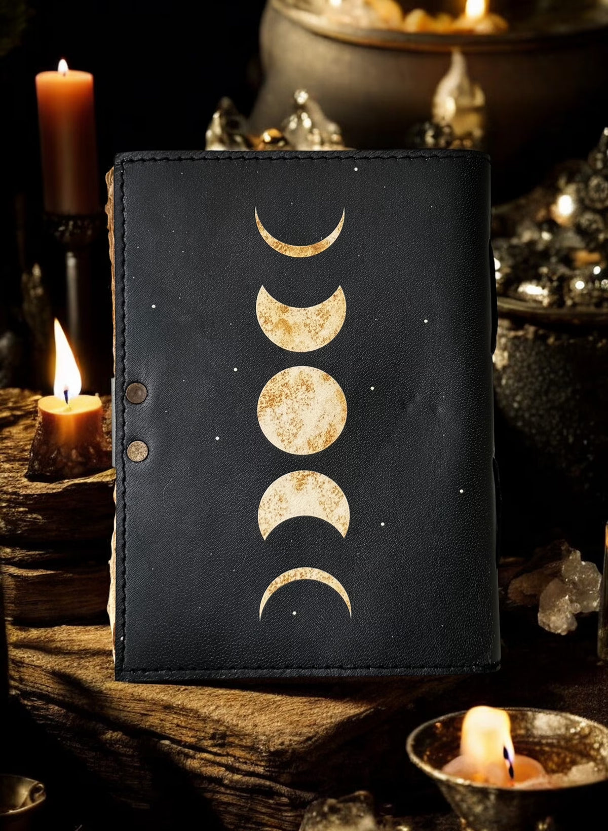 Spell Book of Shadows Moon Phases Leather Journal Grimoire with Vintage Deckled Edge Paper 7X5 Inch 200 Pages