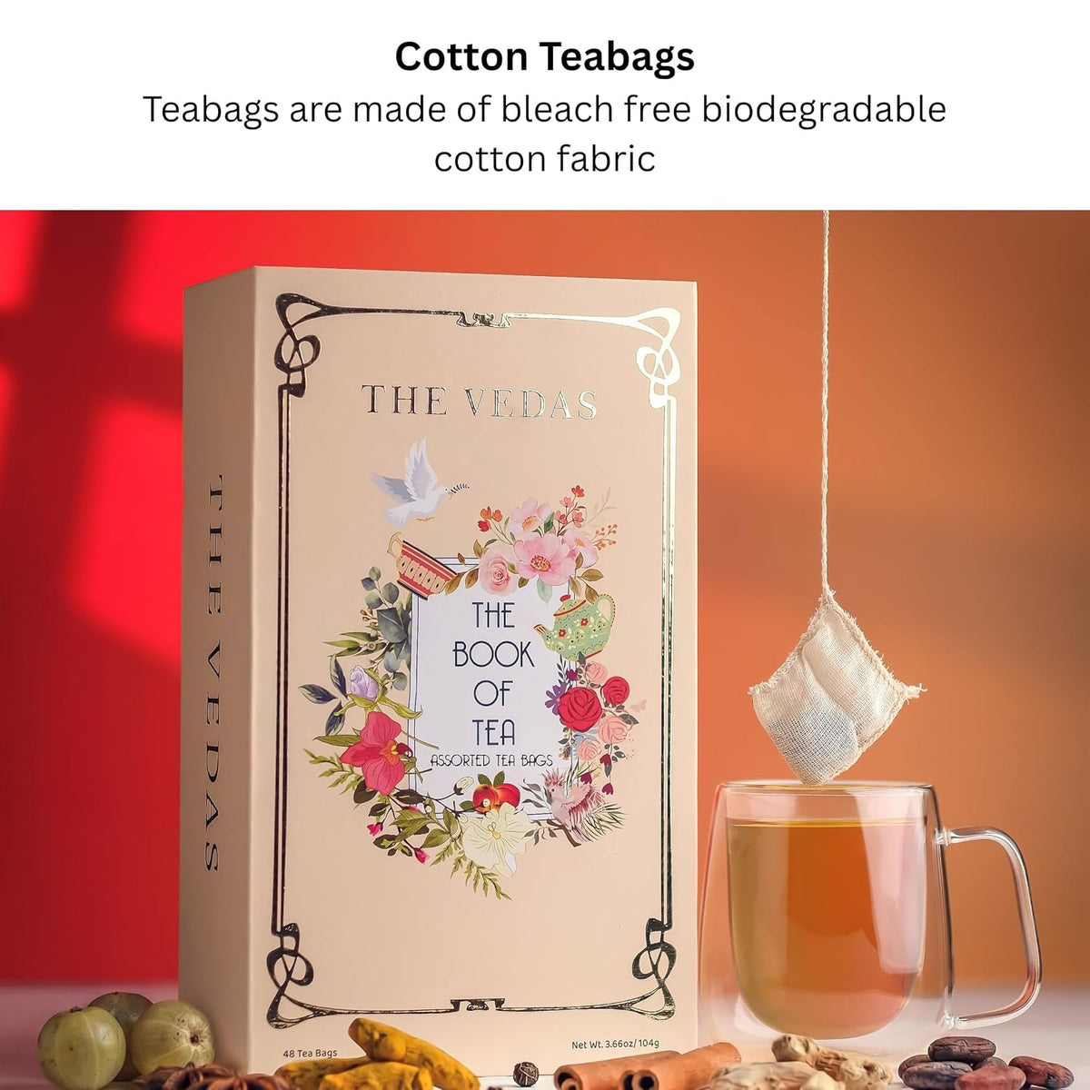Book of Tea | Assorted Tea Bags Gift Box | 12 Exotic Herbal Tea Blends in Handcrafted Cotton Tea Bags & Pyramid Teabags | 4 Units of Each Variety, Net 48 | Tea Gift Hamper | Tea Sampler Gift Set Box | Tea Collection | Tea Sets for Women Gift | Tea Gift Sets